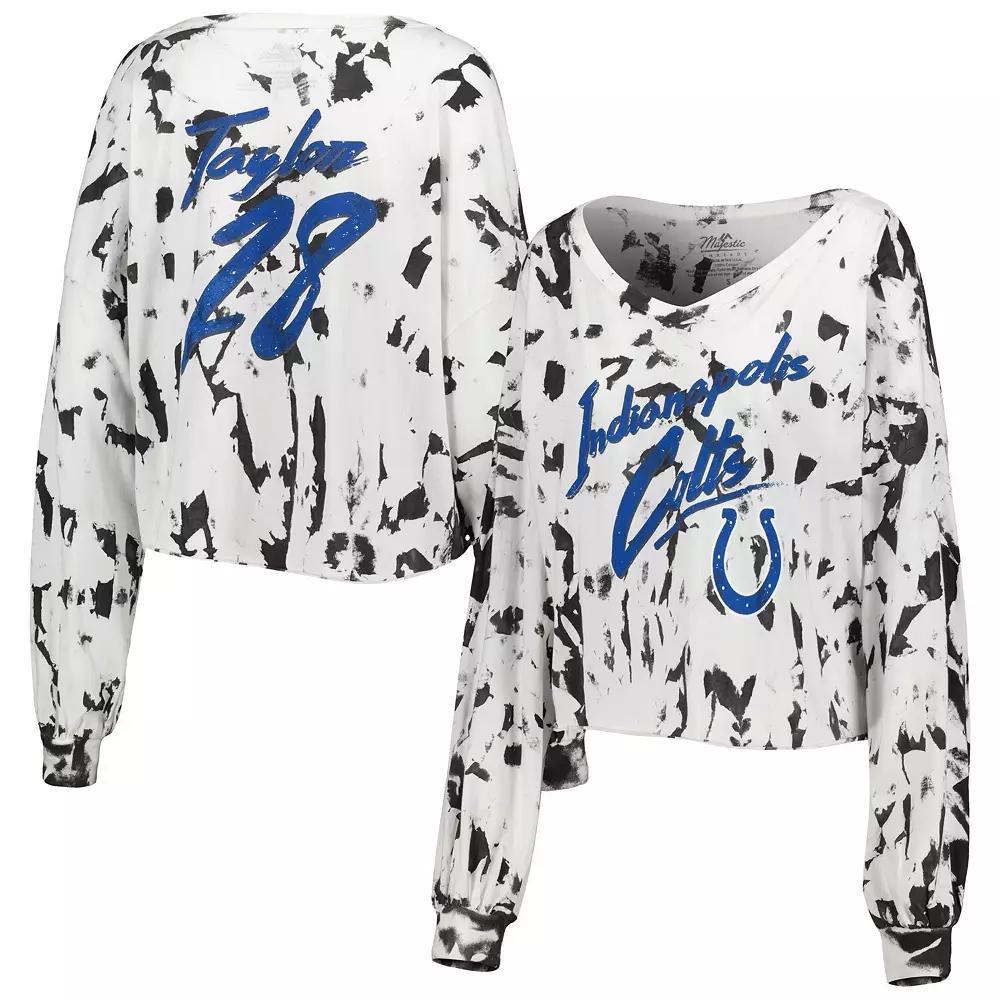 Women's Majestic Threads Jonathan Taylor White Indianapolis Colts Off-Shoulder Tie-Dye Name & Number Cropped Long Sleeve V-Neck T-Shirt, Size: Small Product Image