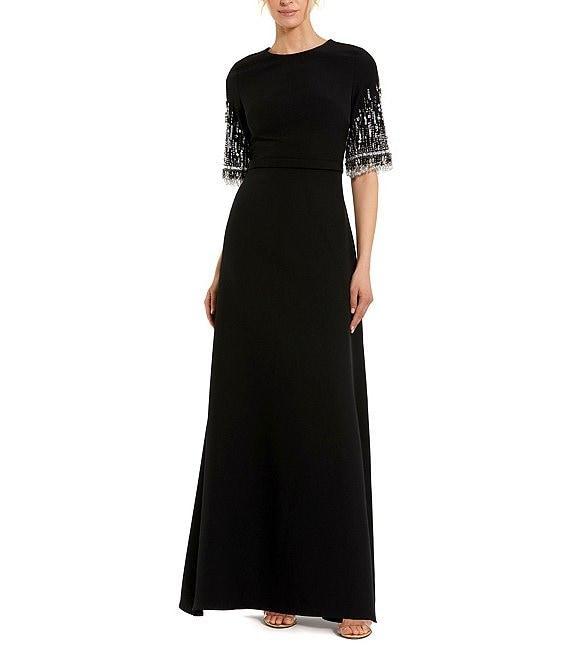 Mac Duggal Short Beaded Sleeve Crepe A-Line Gown Product Image