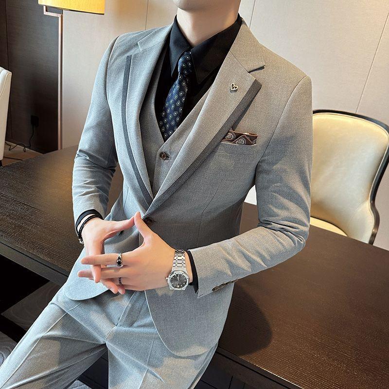 Set: Lapel Collar Contrast Trim Single Button Blazer + Single Breasted Vest + Mid Rise Dress Pants Product Image