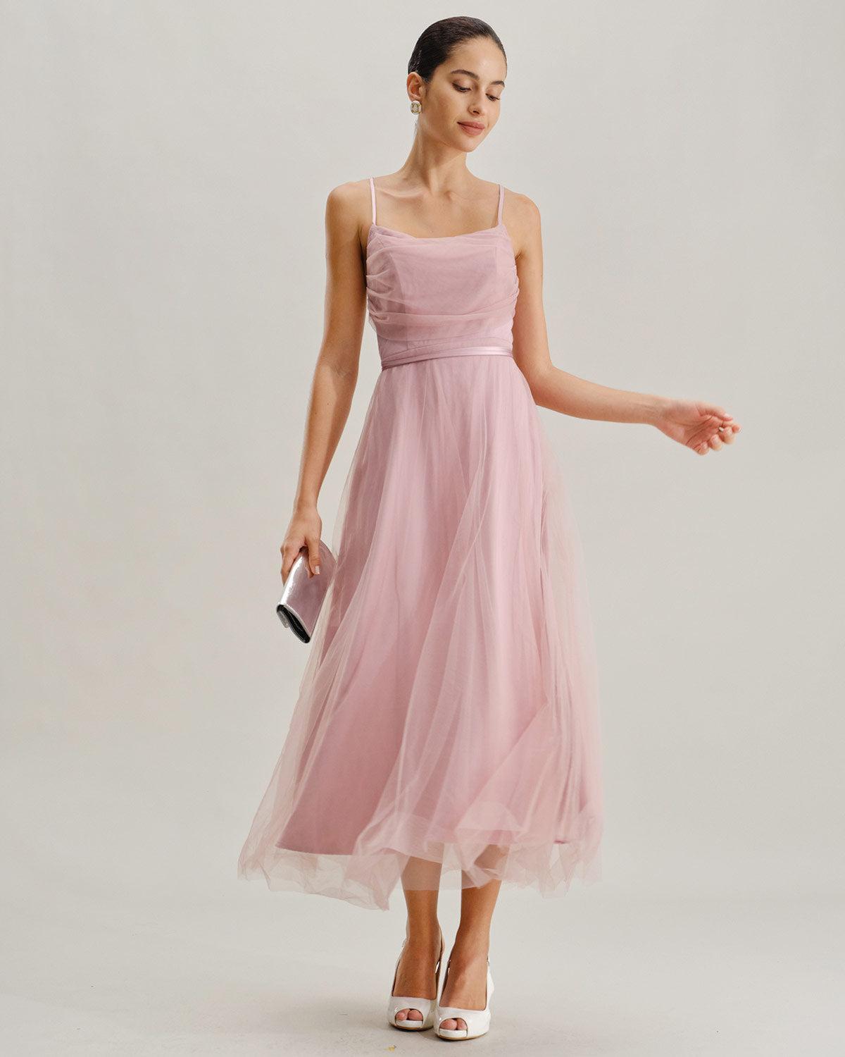 Pink Mesh Flowy Slip Midi Dress Product Image