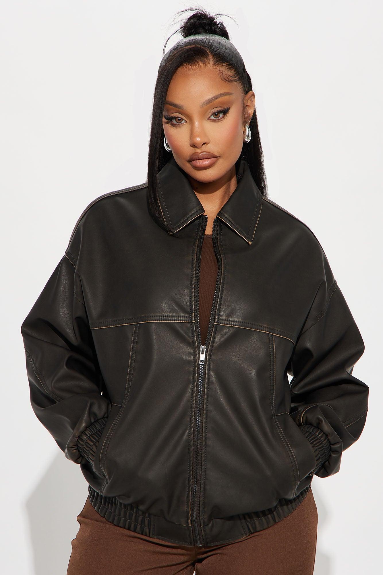 Ryan Oversized Washed Faux Leather Jacket - Chocolate Product Image