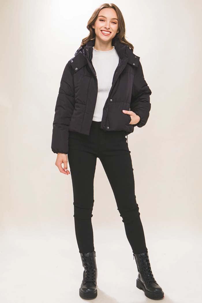 Hooded Puffer Jacket Snap Closure Product Image