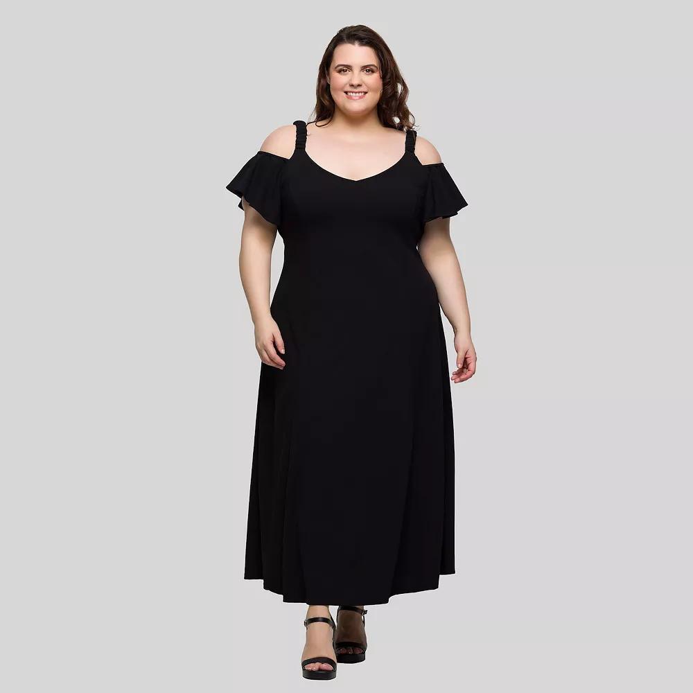 Plus Size 24Seven Comfort Apparel Cold Shoulder Ruffle Sleeve A-Line Maxi Dress, Women's, Size: 2XL, Pink Product Image