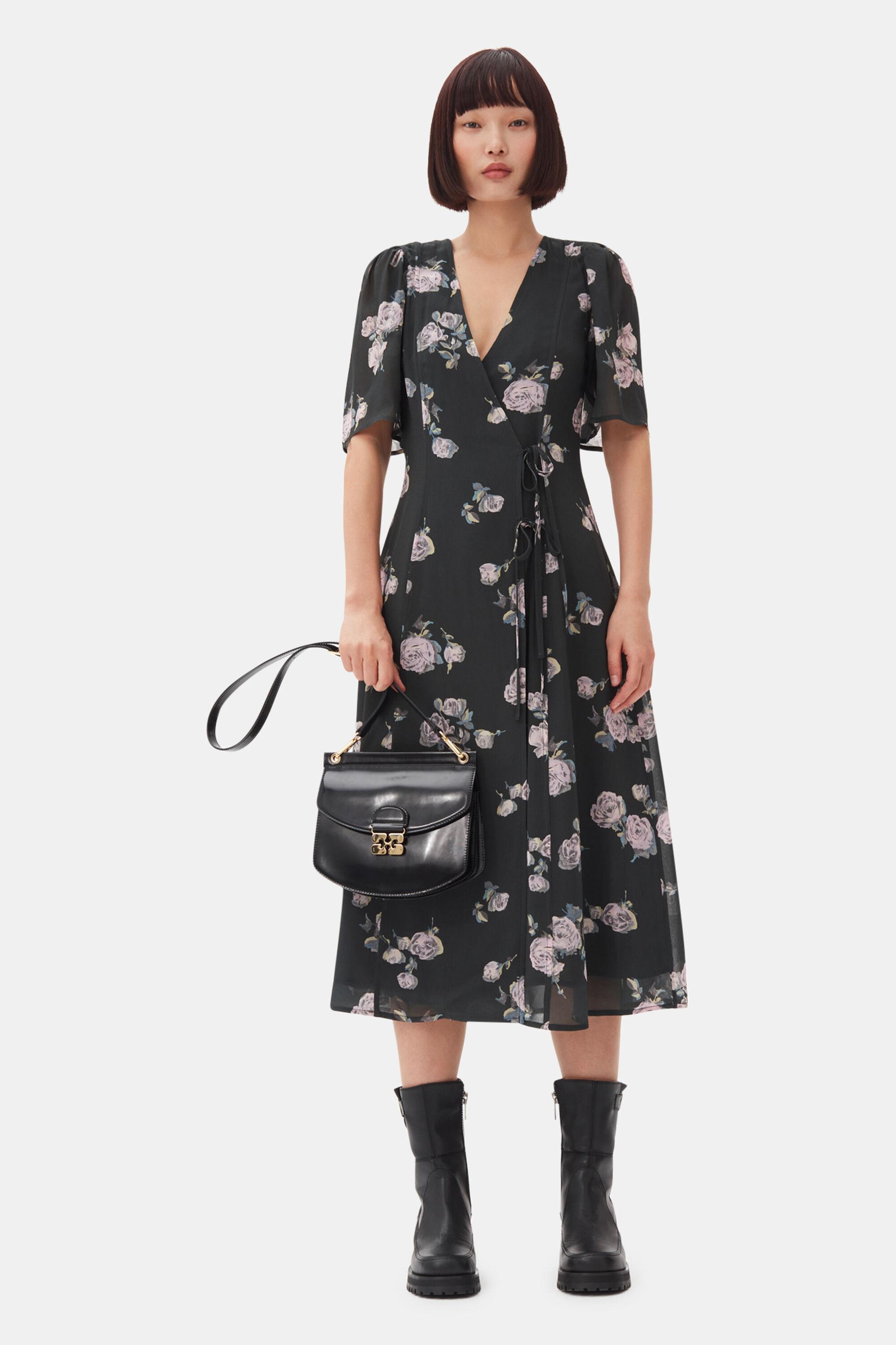 Black Floral Crepe Wrap Midi Dress Product Image