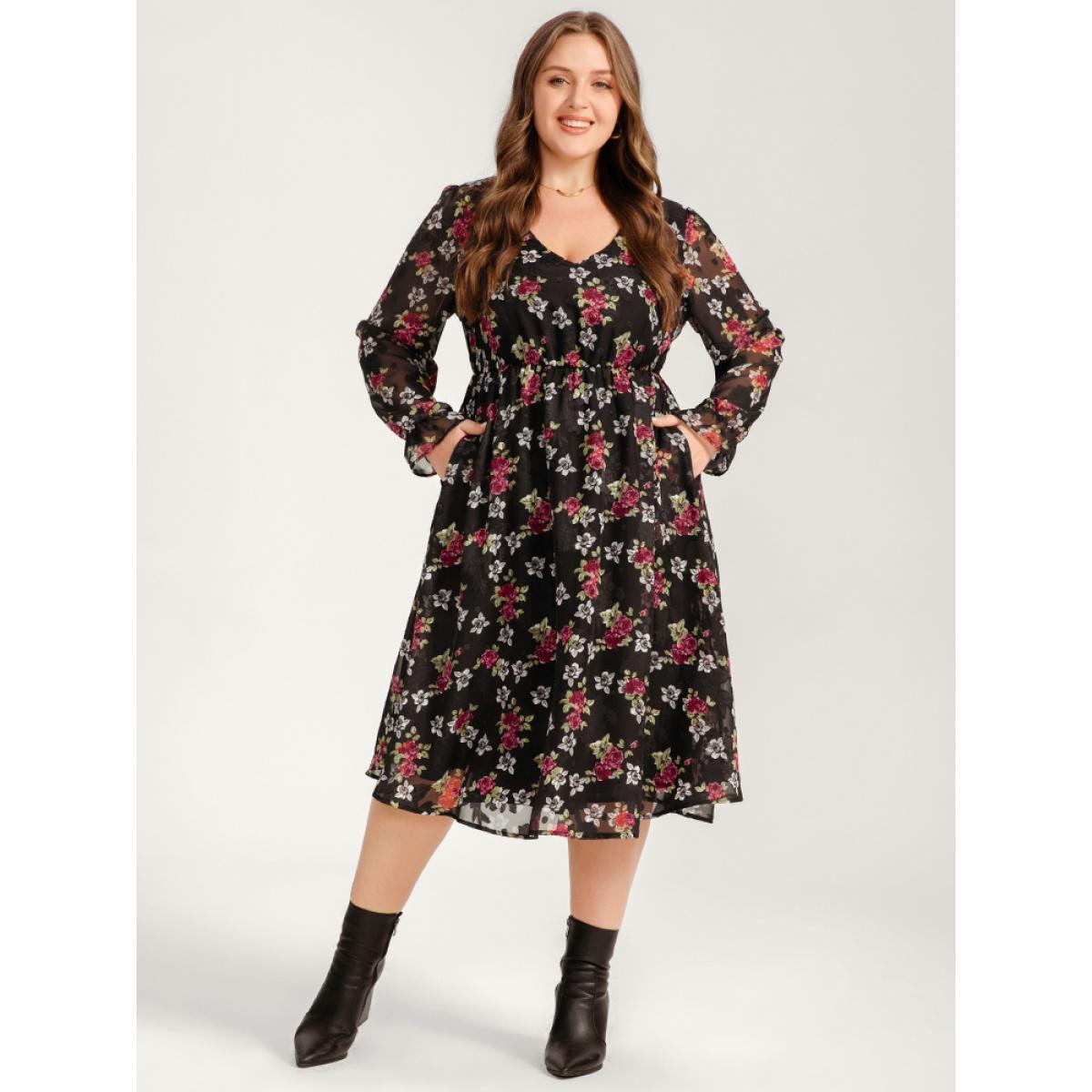 Plus Size Floral Mesh Lantern Sleeve Pocket Flutter Dress Black Women Dating V-neck Long Sleeve Curvy Midi Dress BloomChic 18-20/2X Product Image