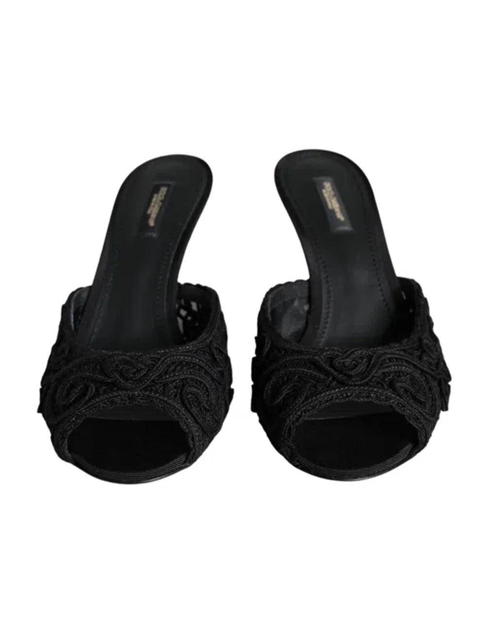 DOLCE & GABBANA Peep-toe Lace And Leather Mules In Nero Product Image