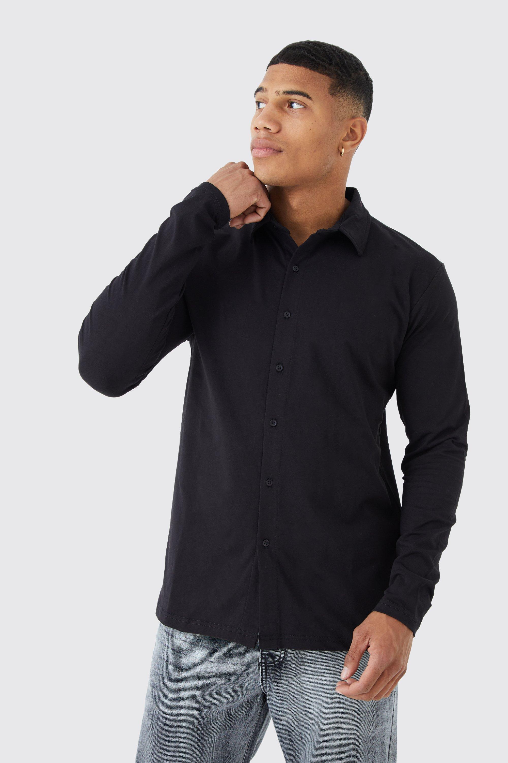 Mens Black Long Sleeve Slim Fit Jersey Shirt, Black Product Image