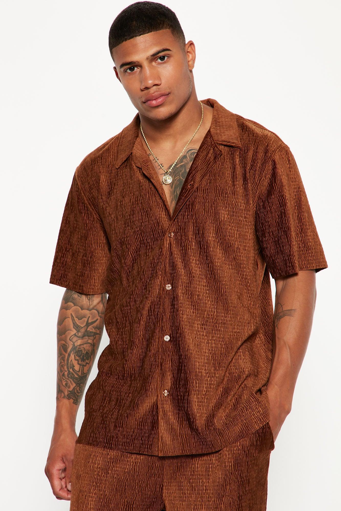 Wavy Textured Short Sleeve Cuban Shirt - Chocolate Product Image