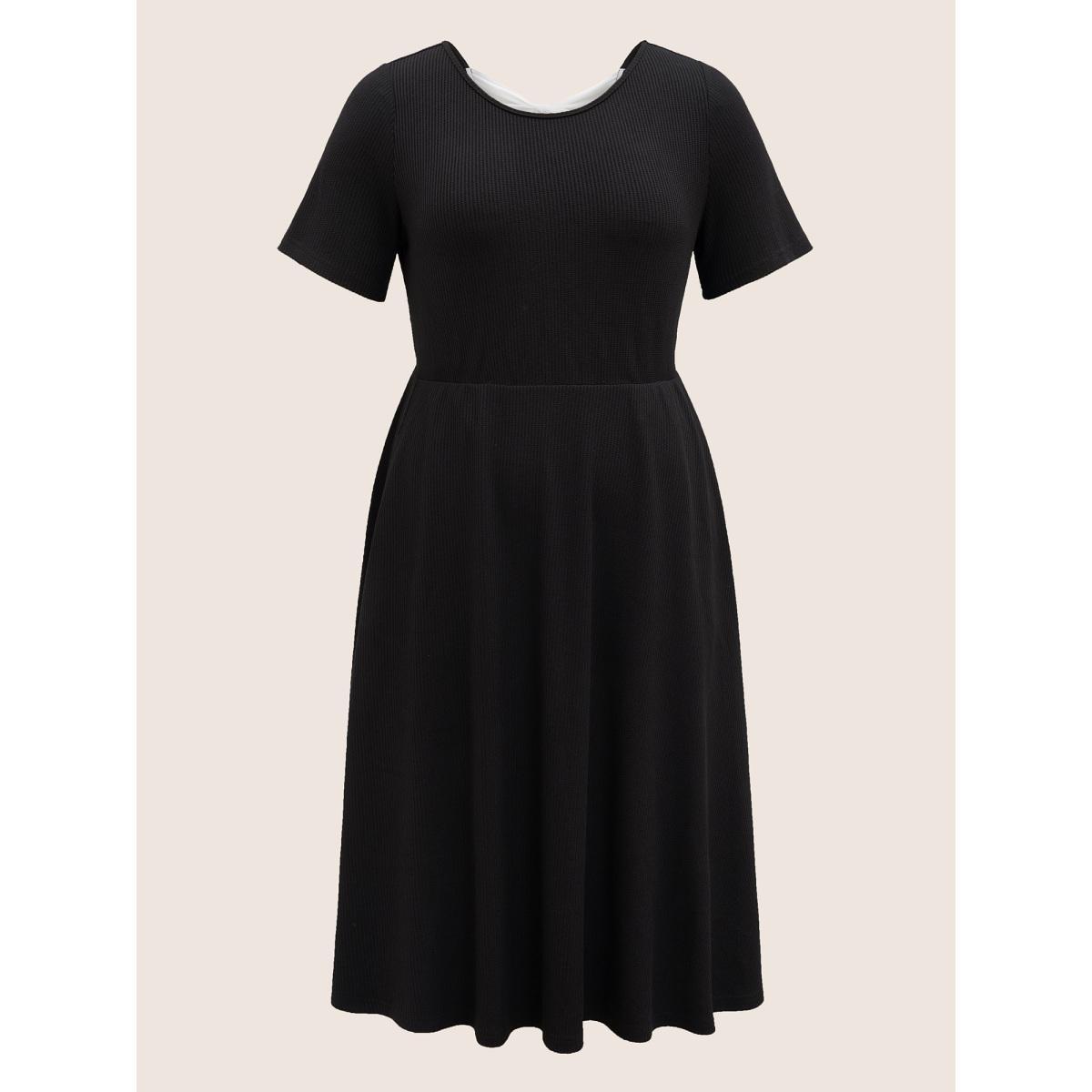 Plus Size Round Neck Contrast Back Bowknot Midi Dress Black Women Elegant Tie knot Round Neck Short sleeve Curvy BloomChic 14-16/1X Product Image