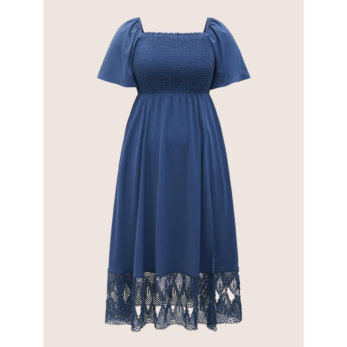 Plus Size Square Neck Shirred Lace Trim Slit Hem Dress DarkBlue Women Elegant Woven ribbon&lace trim Square Neck Short sleeve Curvy BloomChic 26/4X Product Image