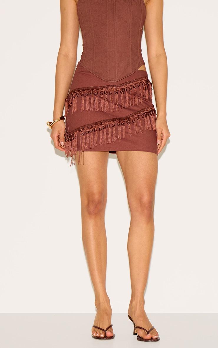 Chocolate Linen Tassle Detail Mini Skirt Product Image