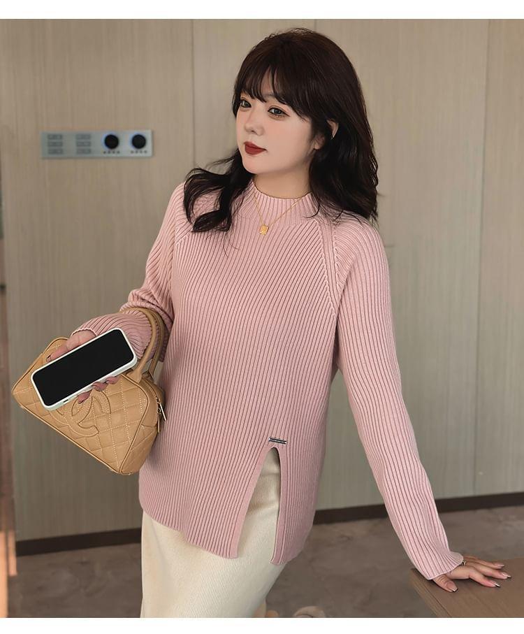 Mock Neck Plain Slit Ribbed Sweater Product Image