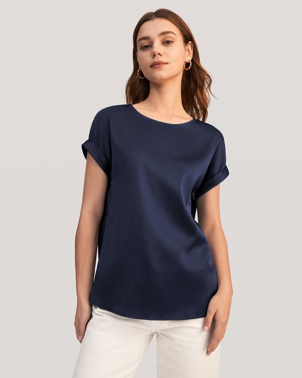 LILYSILK Women Silk Tee Shirts Black Quality Stretchy Silk Soft Classic Round Neck Rolled Cuffs Silk Top XS Product Image