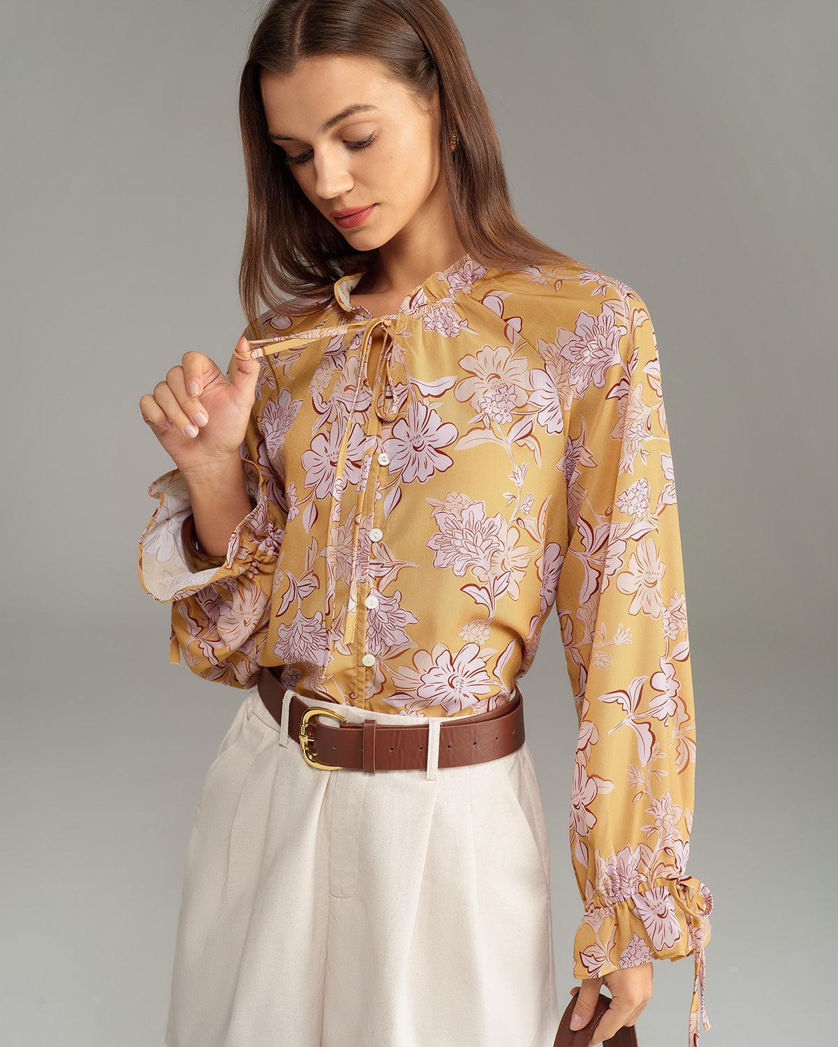 Yellow Floral Ruffle Bell Sleeve Shirt Product Image