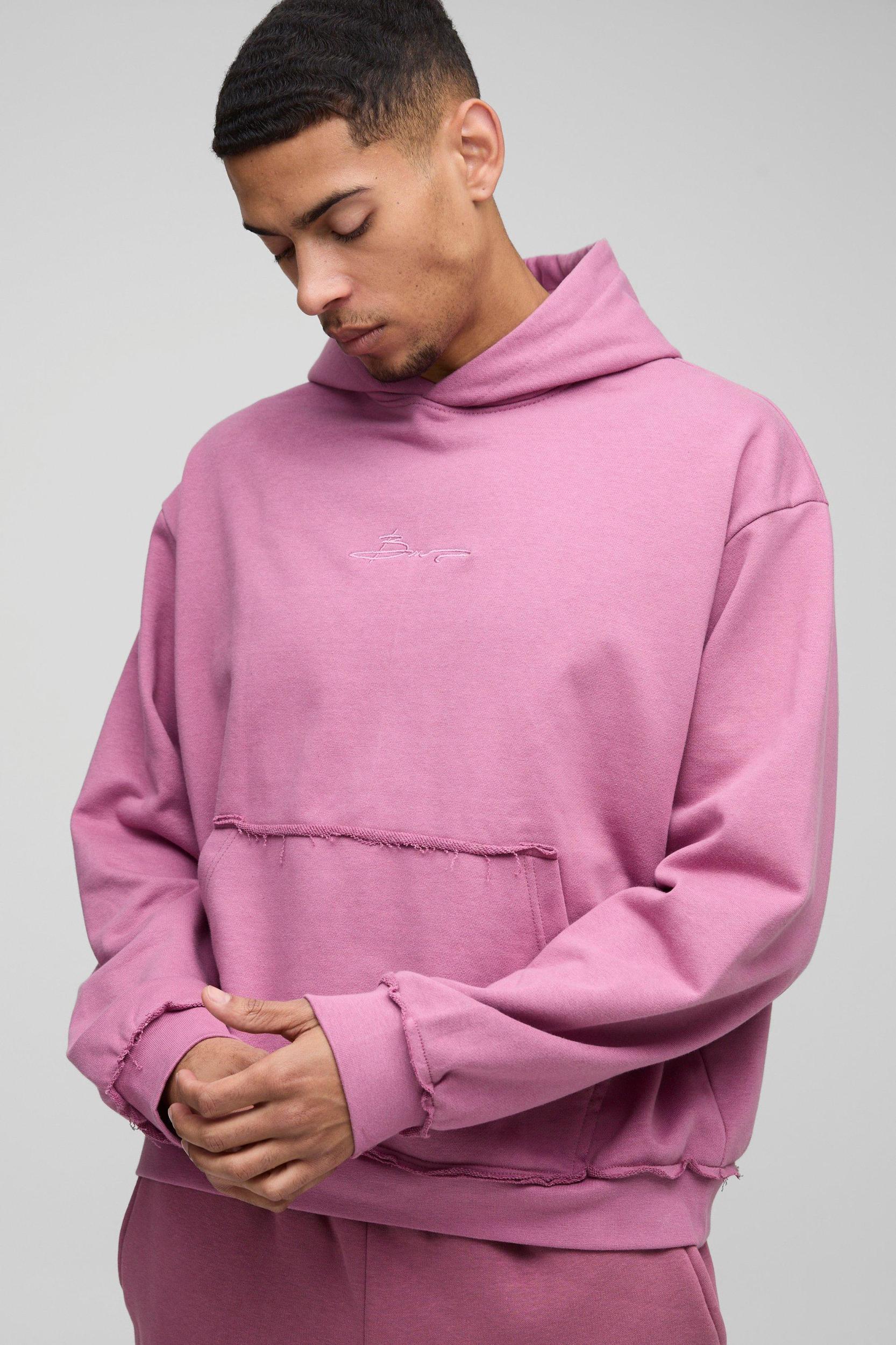 Oversized Boxy Raw Edge Loopback Embroidered Hoodie | boohooMAN USA Product Image