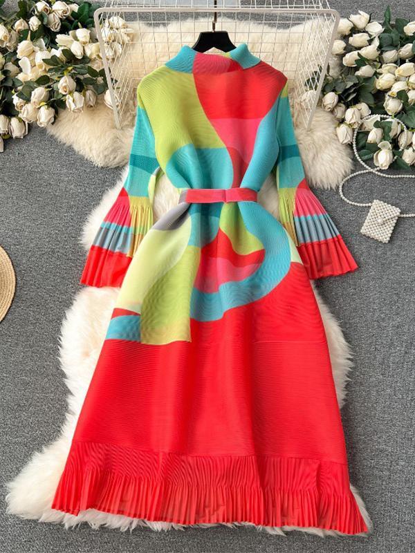 Flared Sleeves Loose Belted Contrast Color Pleated Midi Dresses Product Image