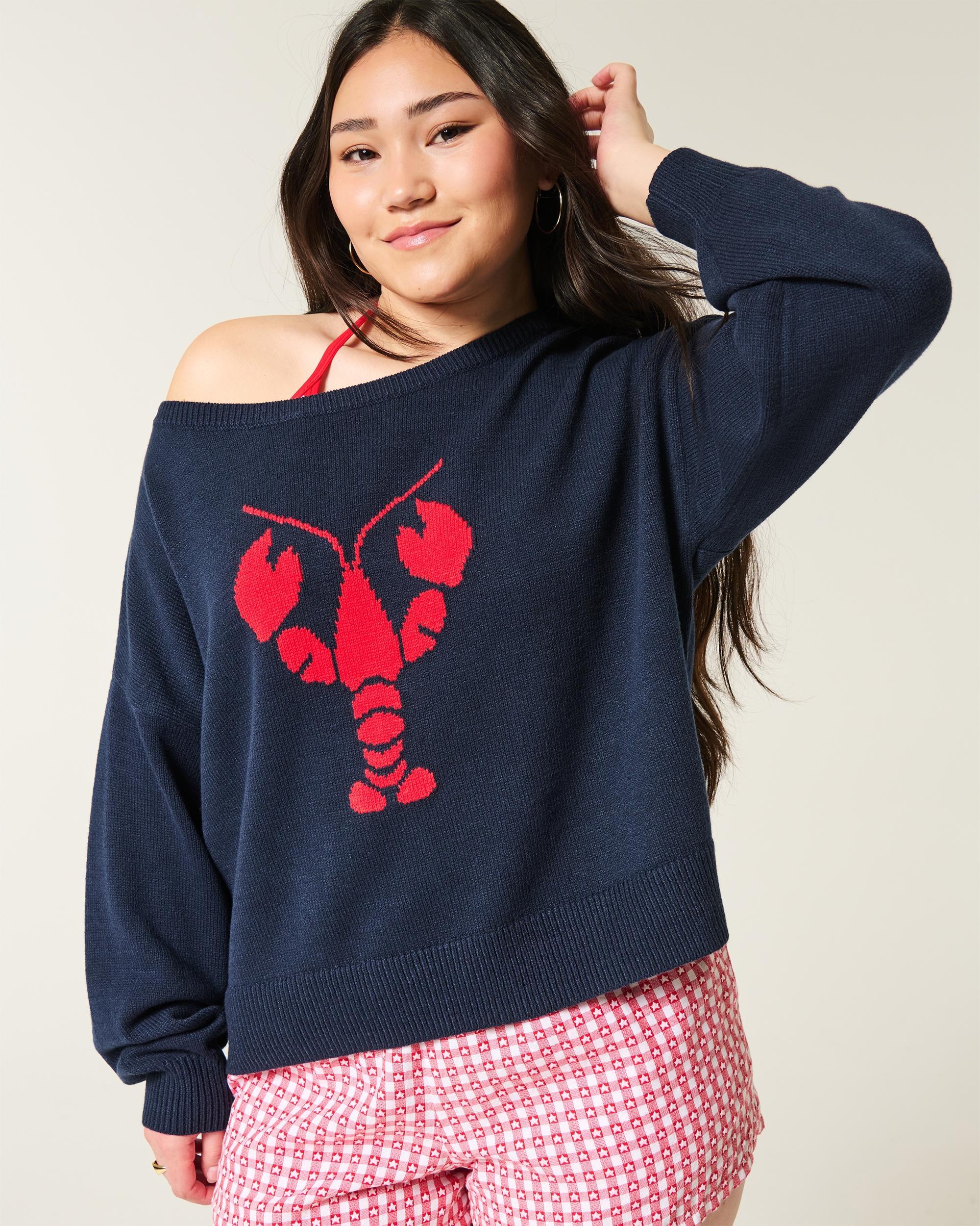Easy Off-the-Shoulder Heart Flag Graphic Sweater Product Image