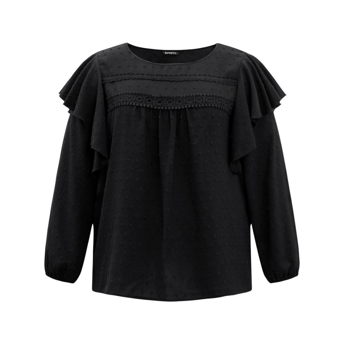 Plus Size Black Solid Contrast Lace Tiered Ruffles Blouse Women Elegant Long Sleeve Round Neck Dailywear Blouses BloomChic 12/L Product Image