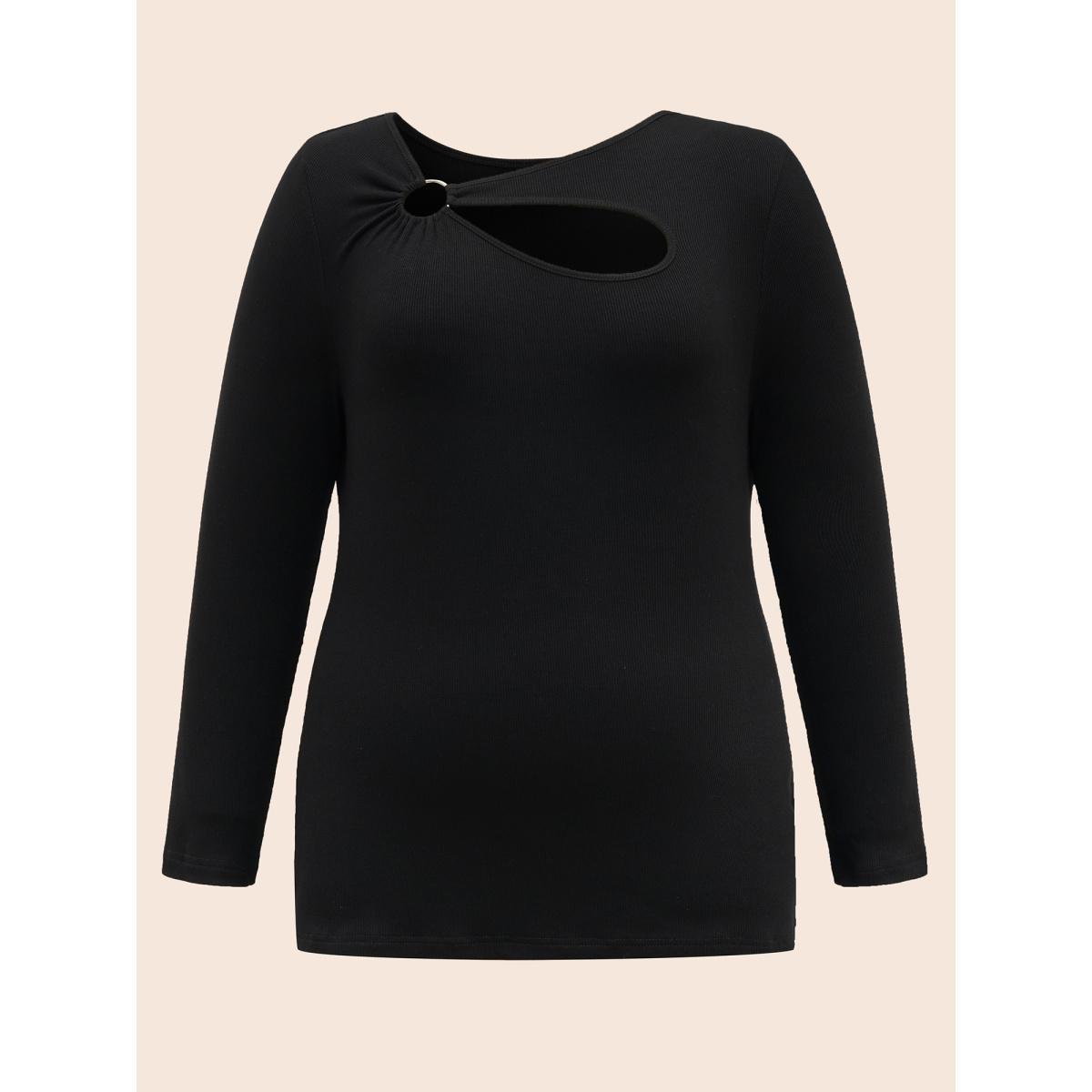 Plus Size Rib Knit Asymmetrical Neck Cut Out T-shirt Black Women Elegant Texture Asymmetrical Neck Skinny Everyday T-shirts BloomChic 30/6X Product Image