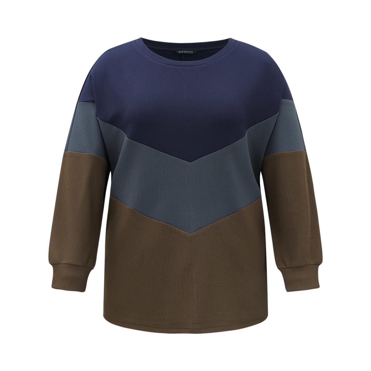 Plus Size Colorblock Rib Knit Drop Shoulder Sweatshirt Women Multicolor Casual Contrast Round Neck Dailywear Sweatshirts BloomChic 12/L Product Image