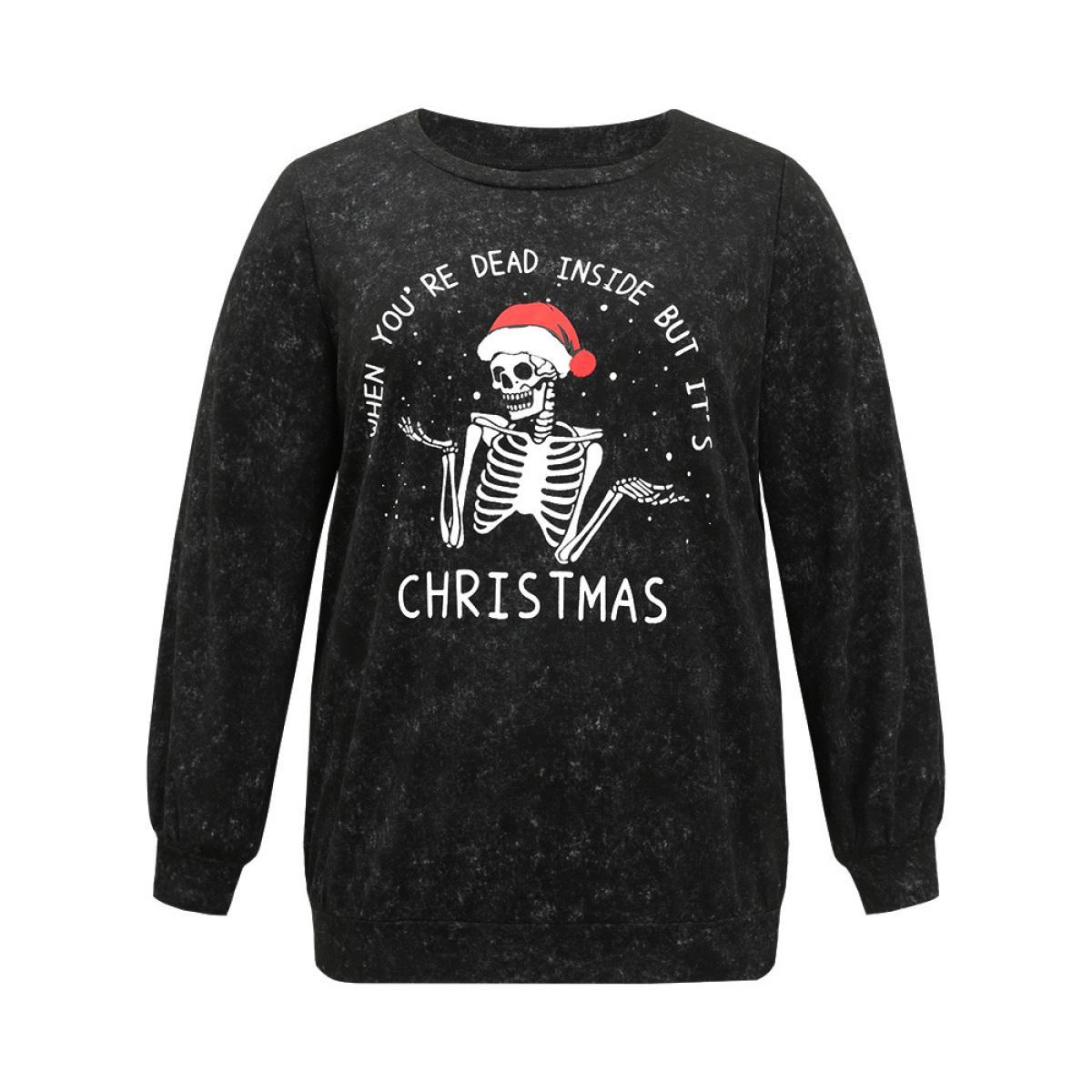 Plus Size Christmas Vintage Skull Print Crew Neck Sweatshirt Women Black Casual Elastic cuffs Festival-Christmas Sweatshirts BloomChic 26/4X Product Image