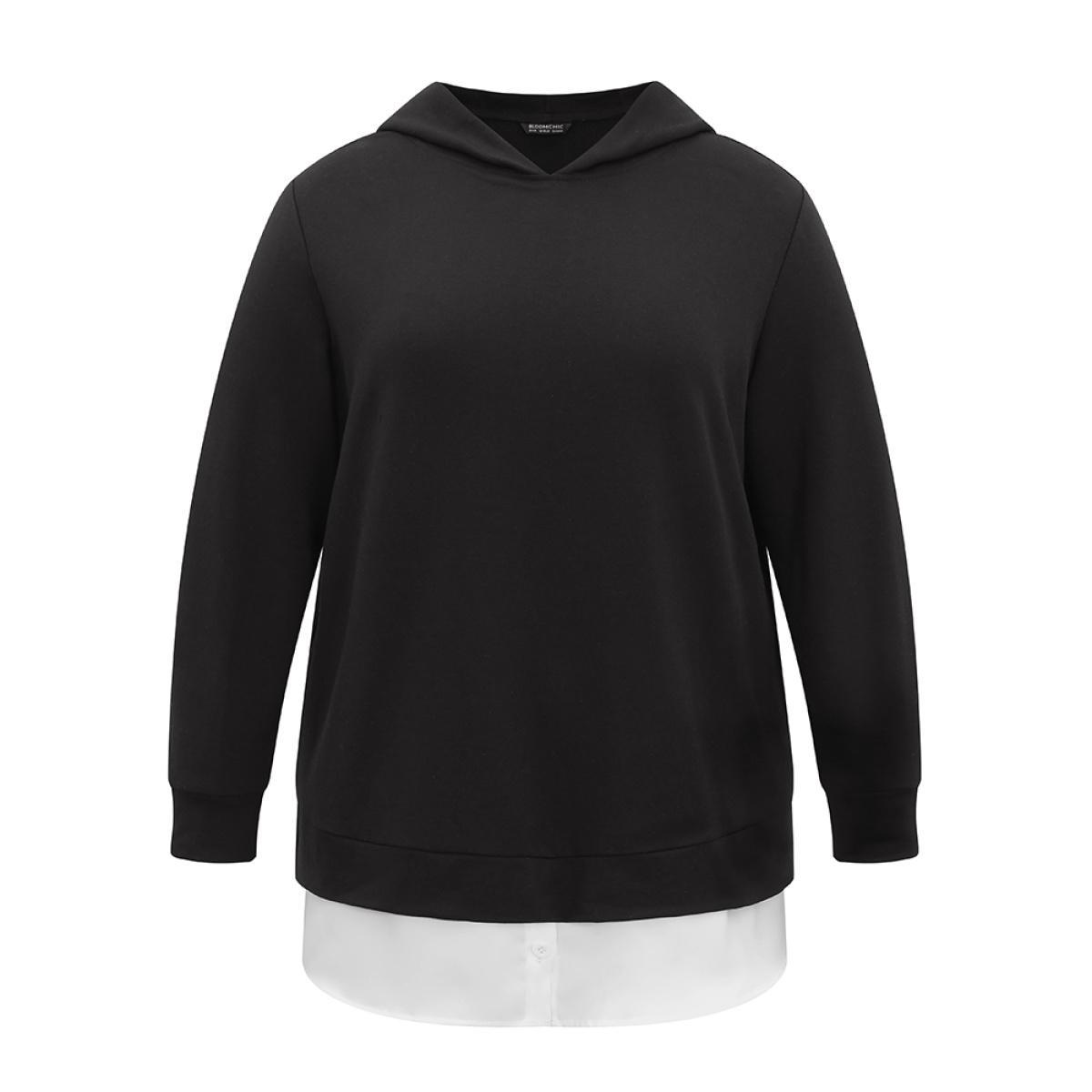 Plus Size 2-In-1 Patchwork Contrast Hooded Sweatshirt Women Black Casual Contrast Hooded Dailywear Sweatshirts BloomChic 22-24/3X Product Image