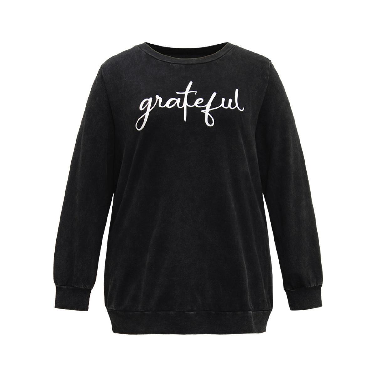 Plus Size Solid Letter Print Crew Neck Sweatshirt Women Black Casual Printed Dailywear Sweatshirts BloomChic 10/M Product Image