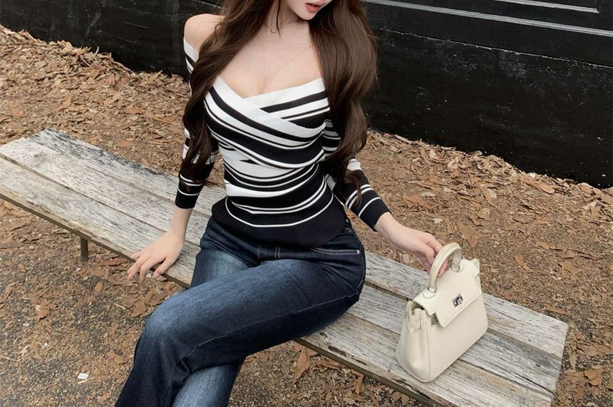 Off-Shoulder Striped Ribbed Top Product Image