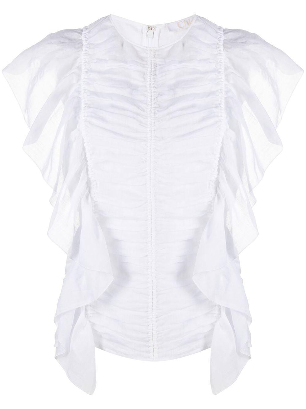 CHLOÉ Ruched Sleeveless Top With Ruffle Detail In White Product Image