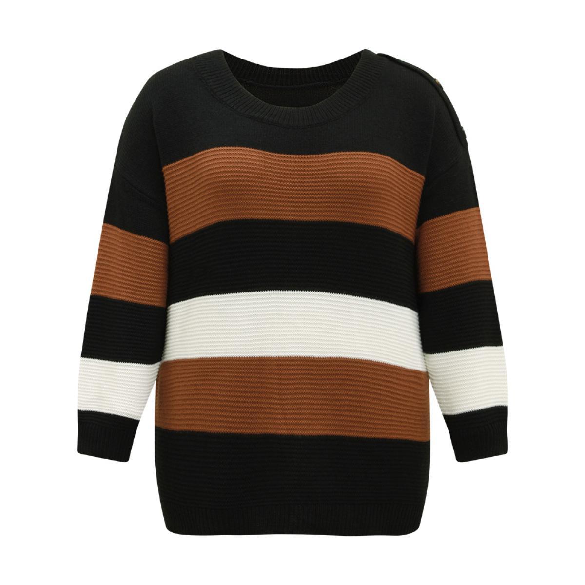 Plus Size Colorblock Contrast Button Detail Crew Neck Pullover Black Women Casual Loose Long Sleeve Round Neck Everyday Pullovers BloomChic 18-20/2X Product Image