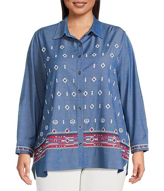 Calessa Plus Size Embroidered Point Collar Long Roll-Tab Sleeve Button Front Tunic Product Image