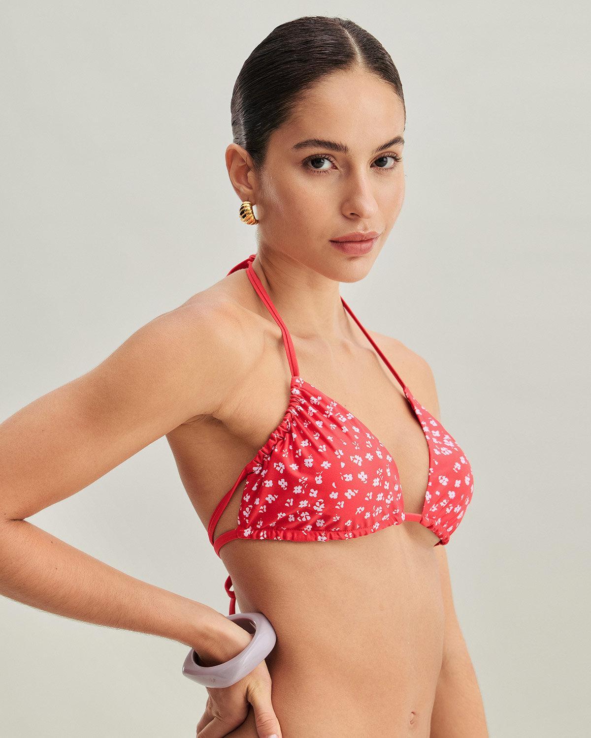 Red Floral Drawstring Triangle Bikini Set Product Image