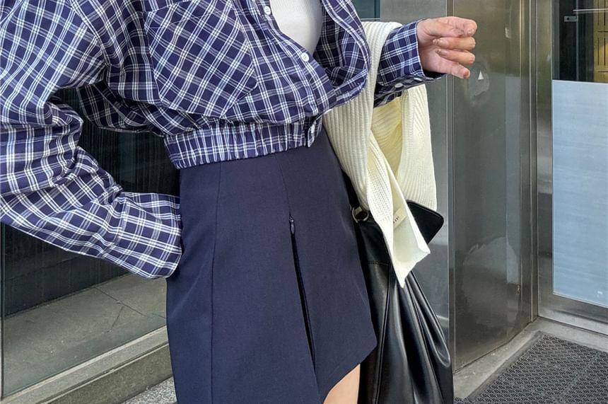 Long-Sleeve Plain Tee / Plaid Button-Up Crop Shirt / High Waist Zipped Mini A-Line Skirt / Shawl Product Image