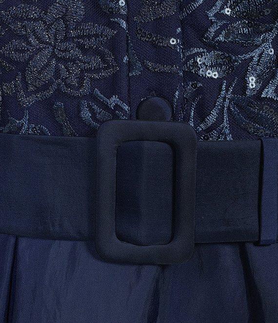 Alex Evenings Collared V Neck 3/4 Sleeve Belted A Line Stretch Tulle Gown Product Image