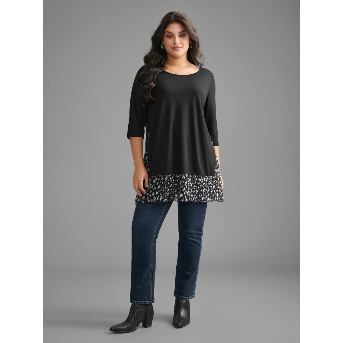 Plus Size Crew Neck Leopard Print Patchwork T-shirt Black Women Elegant Patchwork Round Neck Everyday T-shirts BloomChic 12/L Product Image