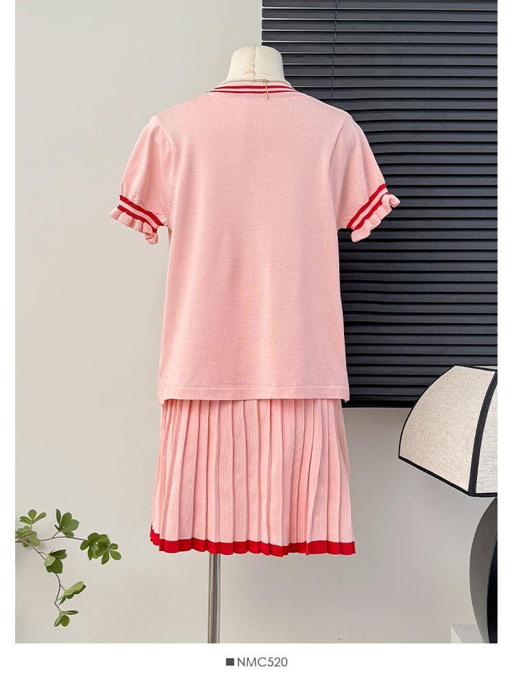 Set: Striped V-Neck Light Cardigan + High-Rise Pleated Mini Skirt Product Image