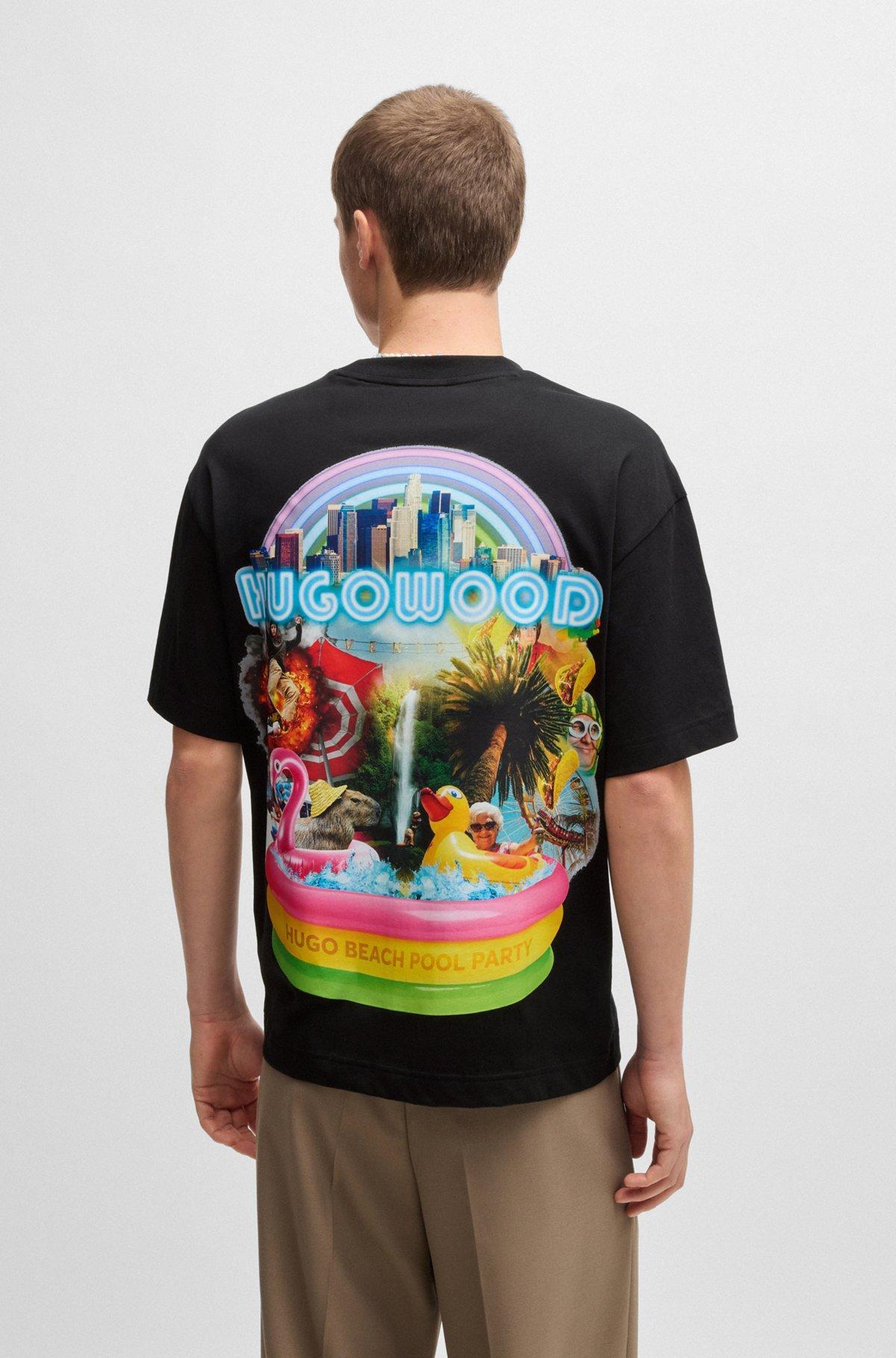 HUGO - Cotton-jersey T-shirt with logo artwork - Black Product Image