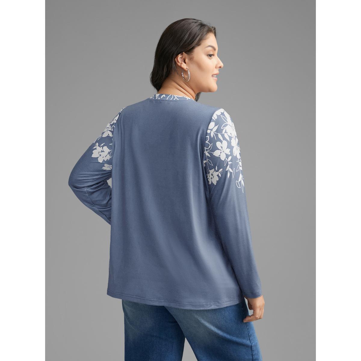 Plus Size Round Neck Boho Print T-Shirt Stone Women Casual Contrast Natural Flowers Round Neck Everyday T-shirts BloomChic 14-16/1X Product Image