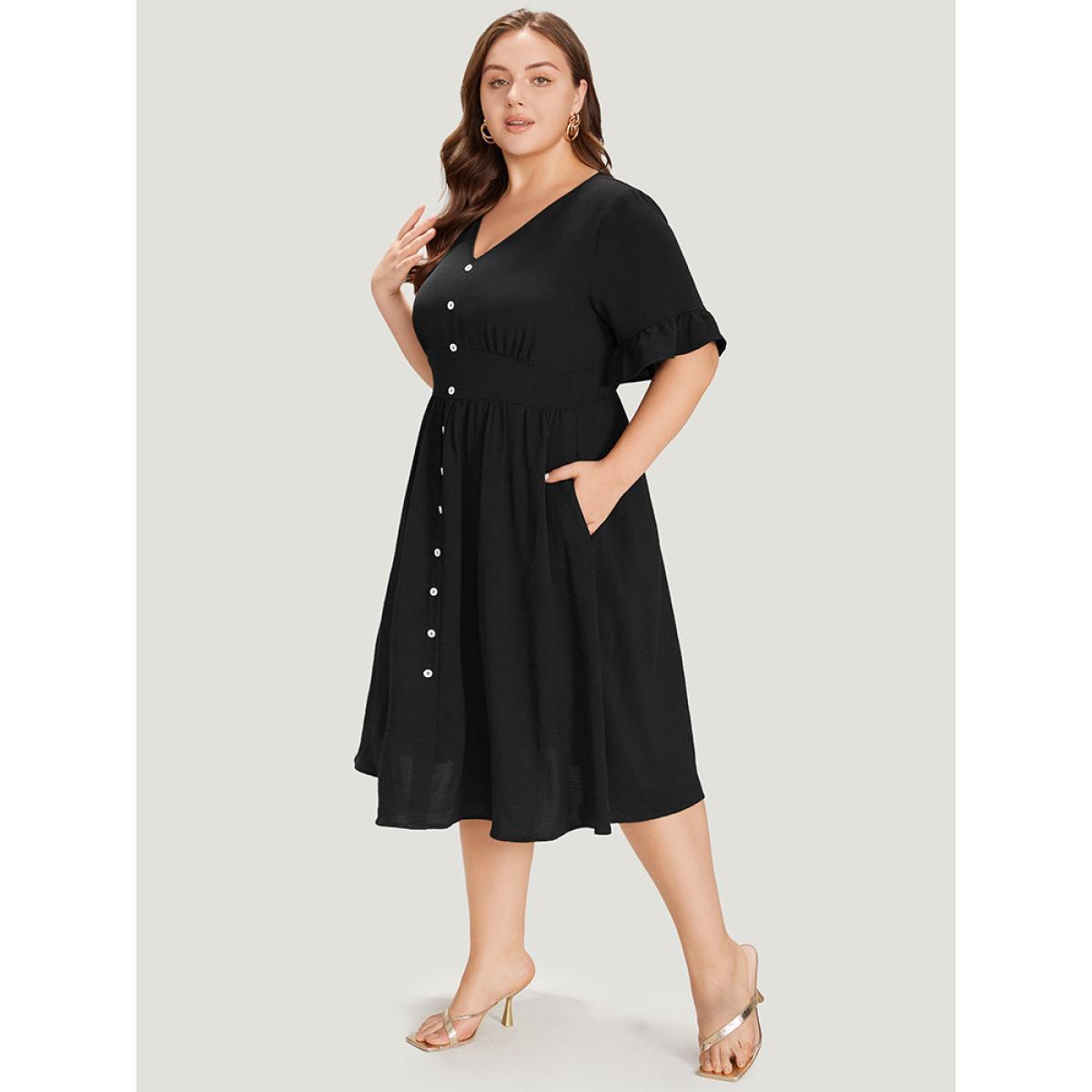 Plus Size Solid Bell Sleeve Button Detail Pocket Gathered Dress Black Women Elegant V-neck Half Sleeve Curvy Midi Dress BloomChic 12/L Product Image