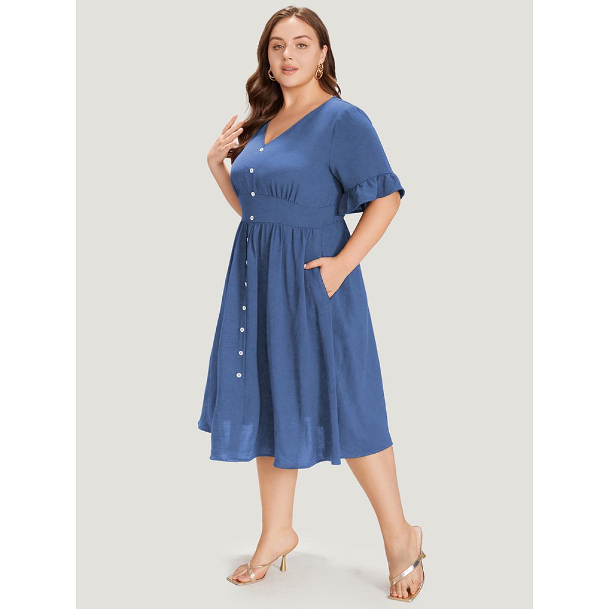 Plus Size Solid Bell Sleeve Button Detail Pocket Gathered Dress DarkBlue Women Elegant V-neck Half Sleeve Curvy Midi Dress BloomChic 30/6X Product Image