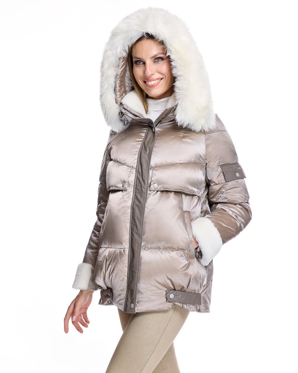 Julia & Stella by Maximilian Hooded Puffer with Lamb Trim-Maximilian Product Image