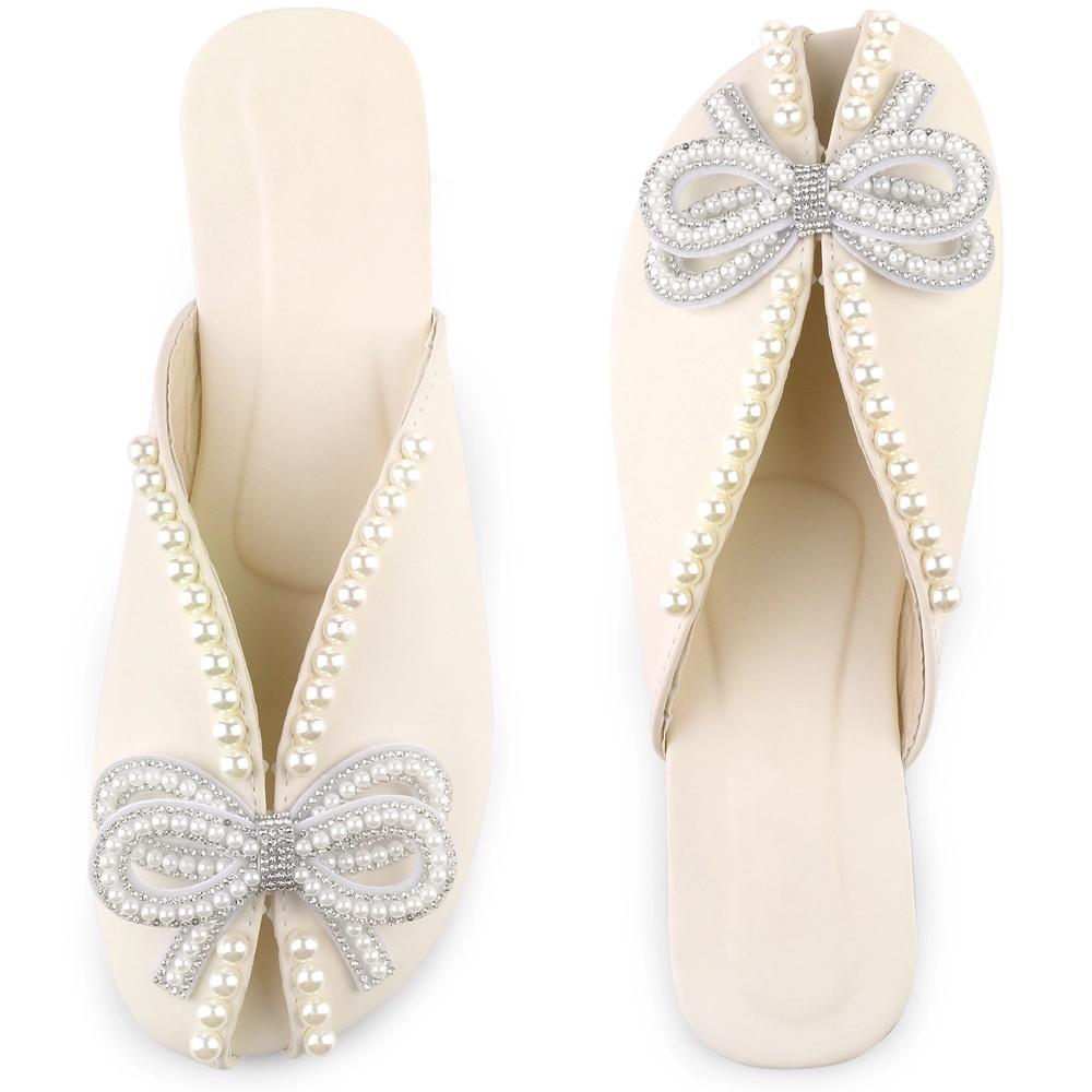 Perphy Women's Peep Toe Pearl Decor Slip-on Flat Slides Mules Product Image