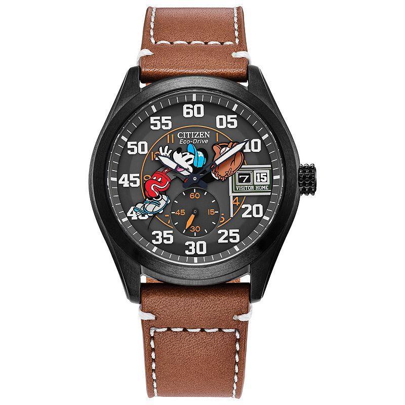 Citizen Mens Disney Collection Batters Up Mickey Two Hand Brown Leather Strap Watch Product Image