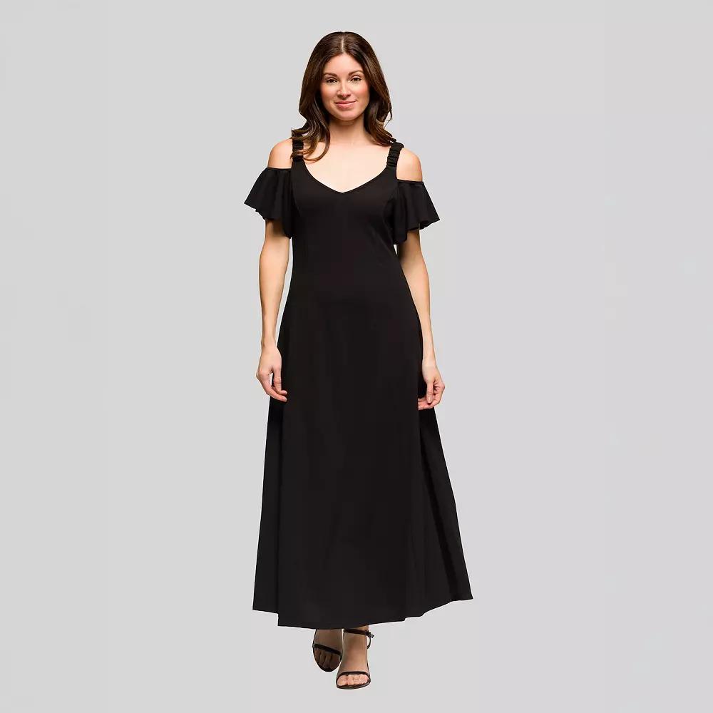 Women's 24Seven Comfort Apparel Cold Shoulder Ruffle Sleeve A-Line Maxi Dress,  Product Image