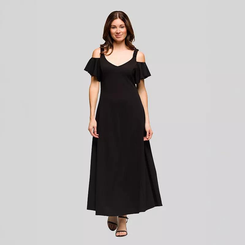 Women's 24Seven Comfort Apparel Cold Shoulder Ruffle Sleeve A-Line Maxi Dress,  Product Image