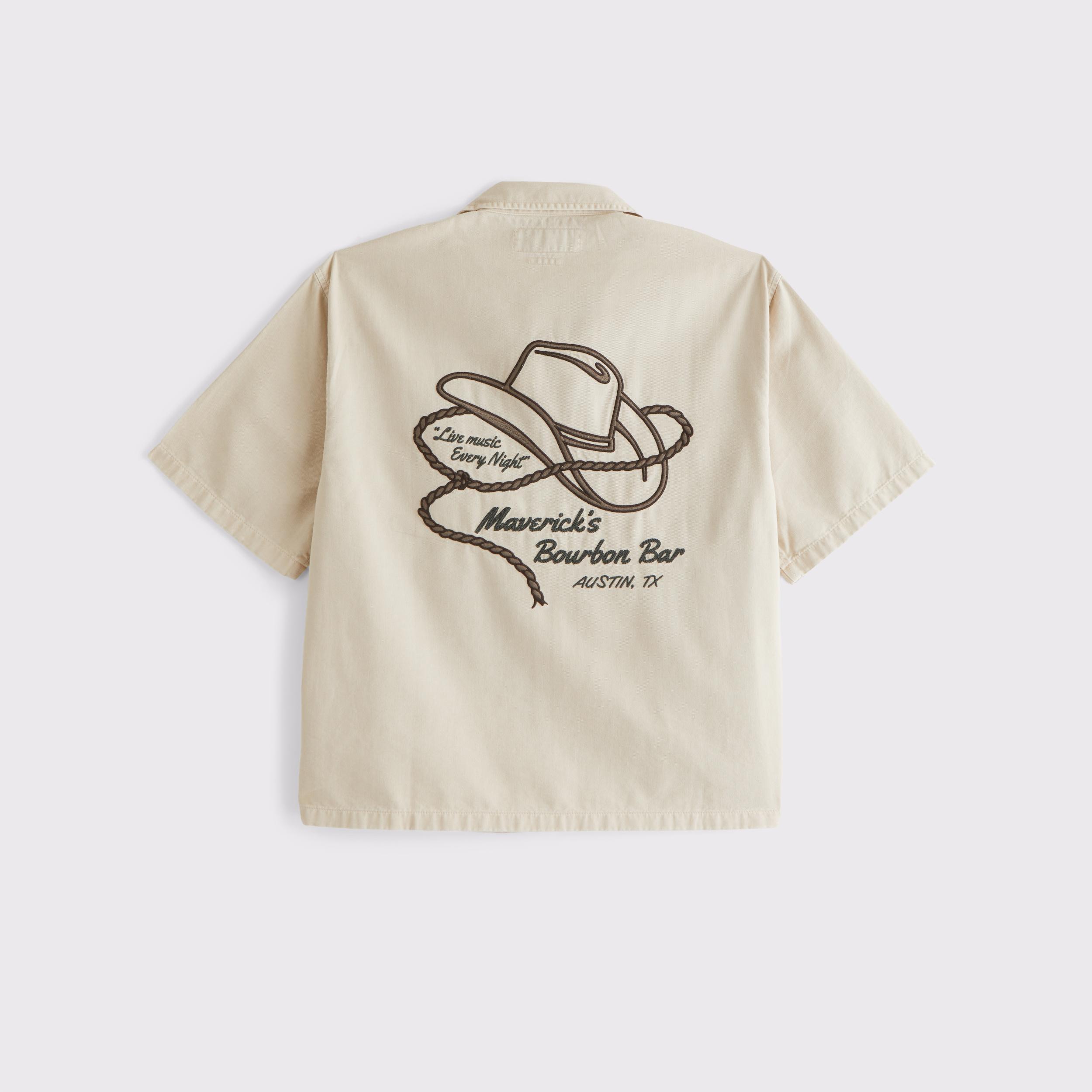 Short-Sleeve Cropped Western Graphic Button-Up Shirt Product Image