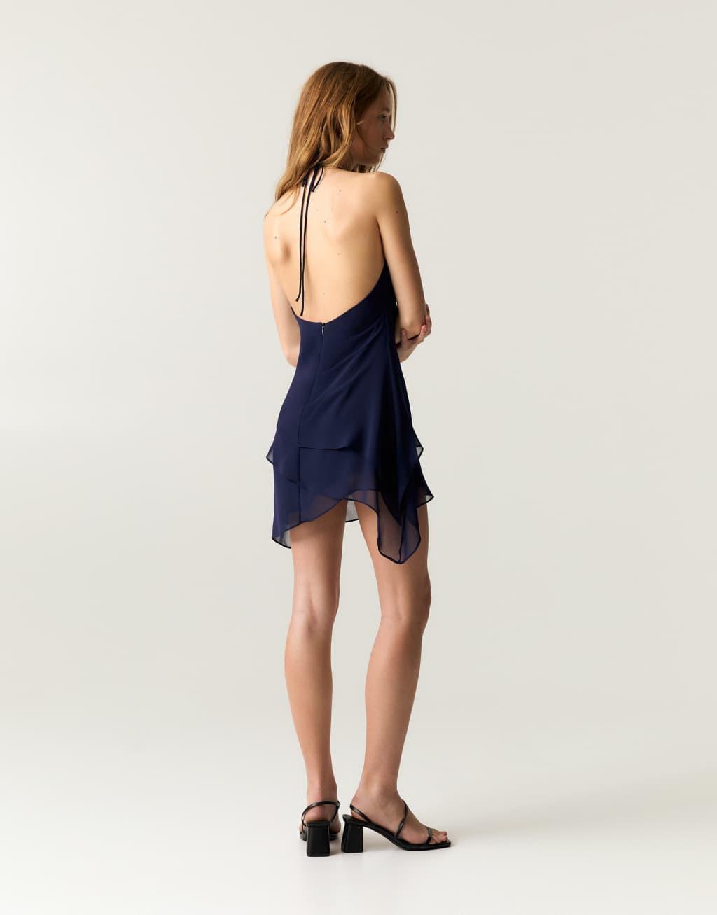 Pull&Bear x Dixie D'Amelio floral corsage detail tiered mini dress in navy blue Product Image