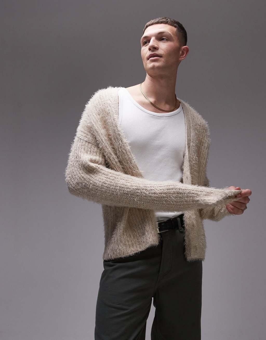 Topman relaxed fit fluffy cardigan in ecru Product Image