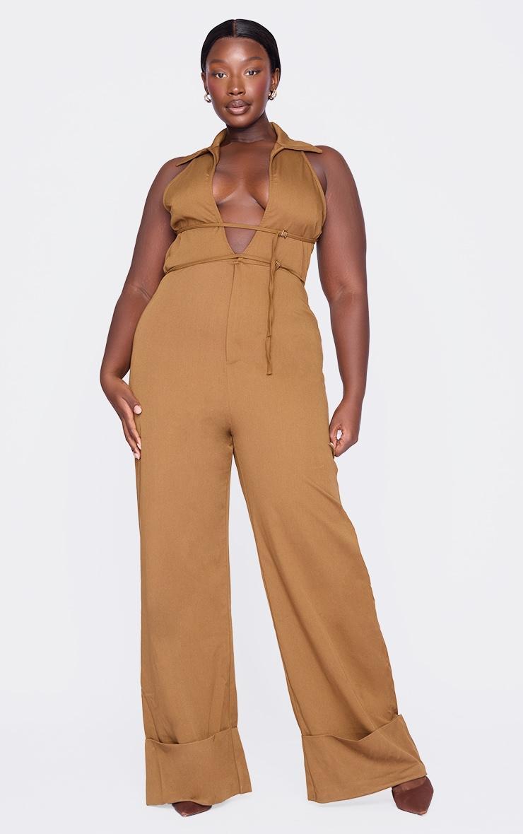 Plus Tan Mini Belt Detail Plunge Straight Leg Jumpsuit Product Image