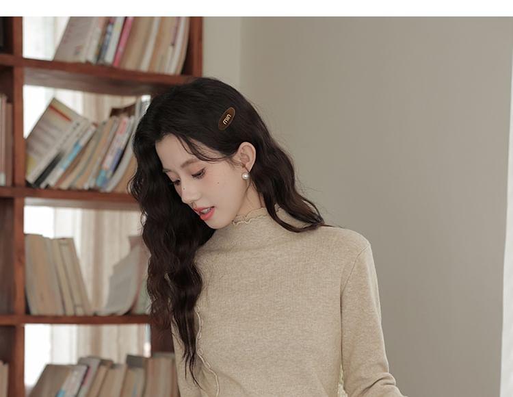 Long-Sleeve Mock Neck Plain Lettuce Edge Knit Top Product Image